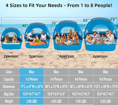 Beach Tent, Portable Sun Shelter for 2/3/4/6-8 Person with UPF 50+ UV Protection, Easy Setup Waterproof Beach Shade Canopy Cabana for Family Outdoor and Picnics, Fishing with Carrying Bag