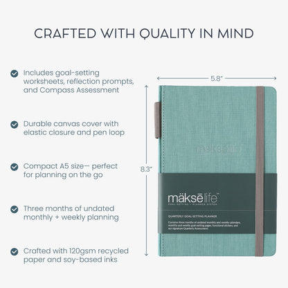 MäksēLife Undated Quarterly Planner - A5 Goal Setting Planner & Personal Journal for Mindful Living, Weekly and Monthly Goal Setting with Habit Tracker & Reflections, Teal