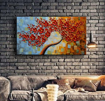 YaSheng Art- hand painted Contemporary Art Oil Painting On Canvas Texture Palette Knife 3D Red Flowers Tree Paintings Abstract Art Home Modern Bedroom Dining Room Living Room Wall Art Decor 20x40inch