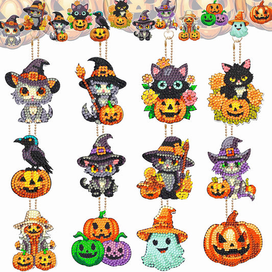 12 Pcs Halloween Cat Diamond Keychains Kit Double Sided DIY Cute Halloween Cat Diamond Keychains for Beginners Adults Art Craft Supplies Holiday Gift