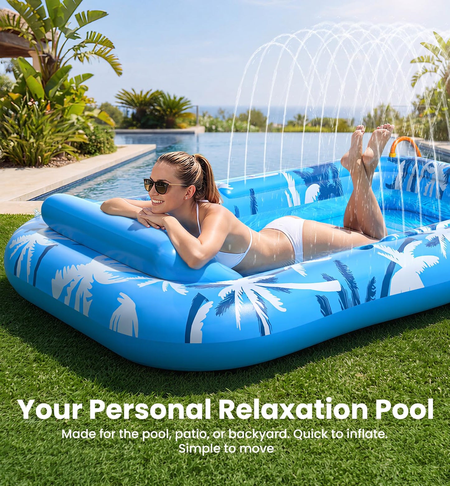 Inflatable Tanning Pool Lounger Float with Sprinkler, X-Large Pool Floats with Auto Spray Cooling, 6 in 1 Sunbathing Lounge Floatie Raft Toys, Blow Up Pool Tanning Bed for Adults Kids Gifts