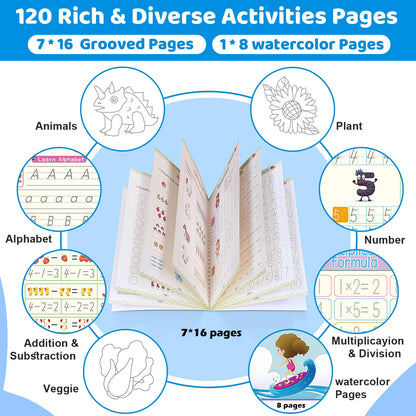 EFCRBS Magic Grooved Writing Practice Books for Kids 3-8, Reusable Grooved Handwriting Books-Letters Numbers Math Painting-Preschool Learning Activities-Birthday Gifts for 3 4 5 6 7 8 Years Old