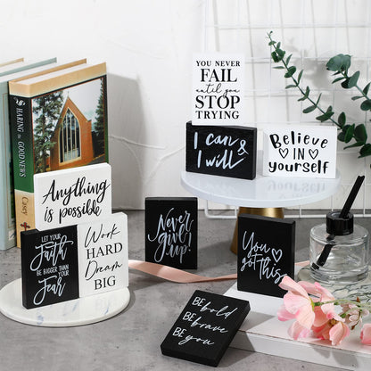 Yulejo 9 Pcs Mini Inspirational Wooden Signs Office Desk Decor Positive Motivational Quotes Table Sign Employee Appreciation Gift Bathroom Home Decors Cheer Up(black, White, 3.5 x 2.5 x 0.47 Inch)