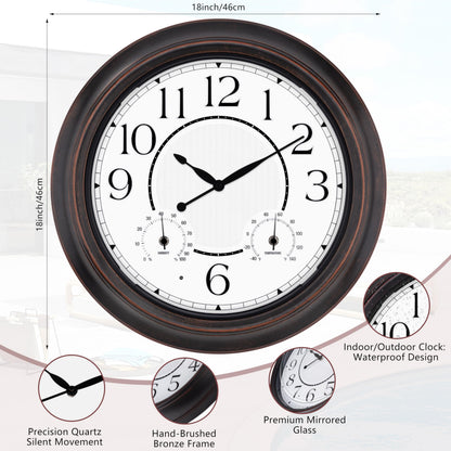 18 Inch Large Illuminated Outdoor Wall Clock, Waterproof Wall Clock with Smart Night Light Sensor, Lighted Large Wall Clock with Thermometer & Hygrometer for Patio Pool Porch Garden & Home Decor
