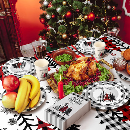 Dandat 402 Pcs Disposable Party Supplies - Christmas Plates Napkins Cups Tablecloth for Holiday Xmas (Black White, Christmas Tree)