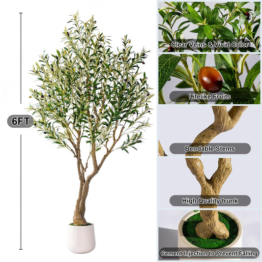 6ft Faux Olive Tree with Pot & Moss Artificial Olive Plant Fake Olive Tree for Home Decor, Large Indoor Artificial Trees Faux Plants Indoor Durable Artificial Trees for Living Room/Office