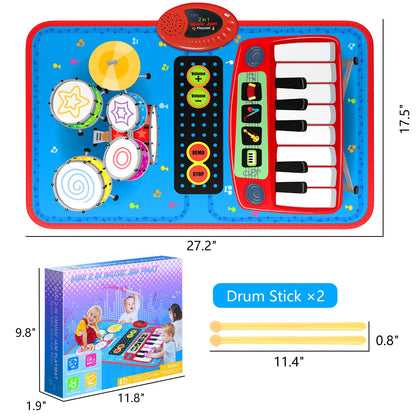 Oripira 2-in-1 Musical Mat Toys for 1 2 3 4 5 Year Old, Piano Keyboard & Drum Set with 2 Drum Sticks, Early Educational Musical Learning Toys Birthday for 1 2 3 4 5 Year Old Boys & Girls, Blue