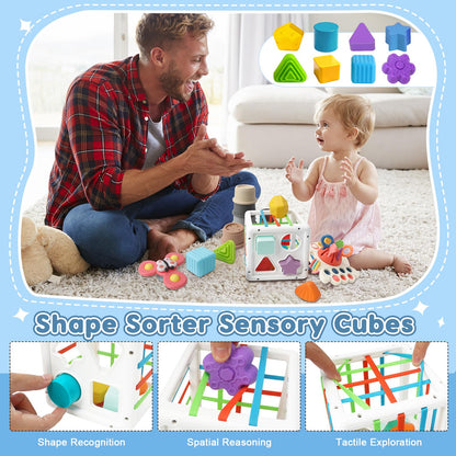 EPOGG 6 in 1 Montessori Toys for Babies 6-12 Months Up - Incl Pull String Toy, Stacking Cups, Tissue Box, Suction Cup Spinner, Stacking Blocks,Activity Cube, Baby Toys for 1 2 3 Year Old