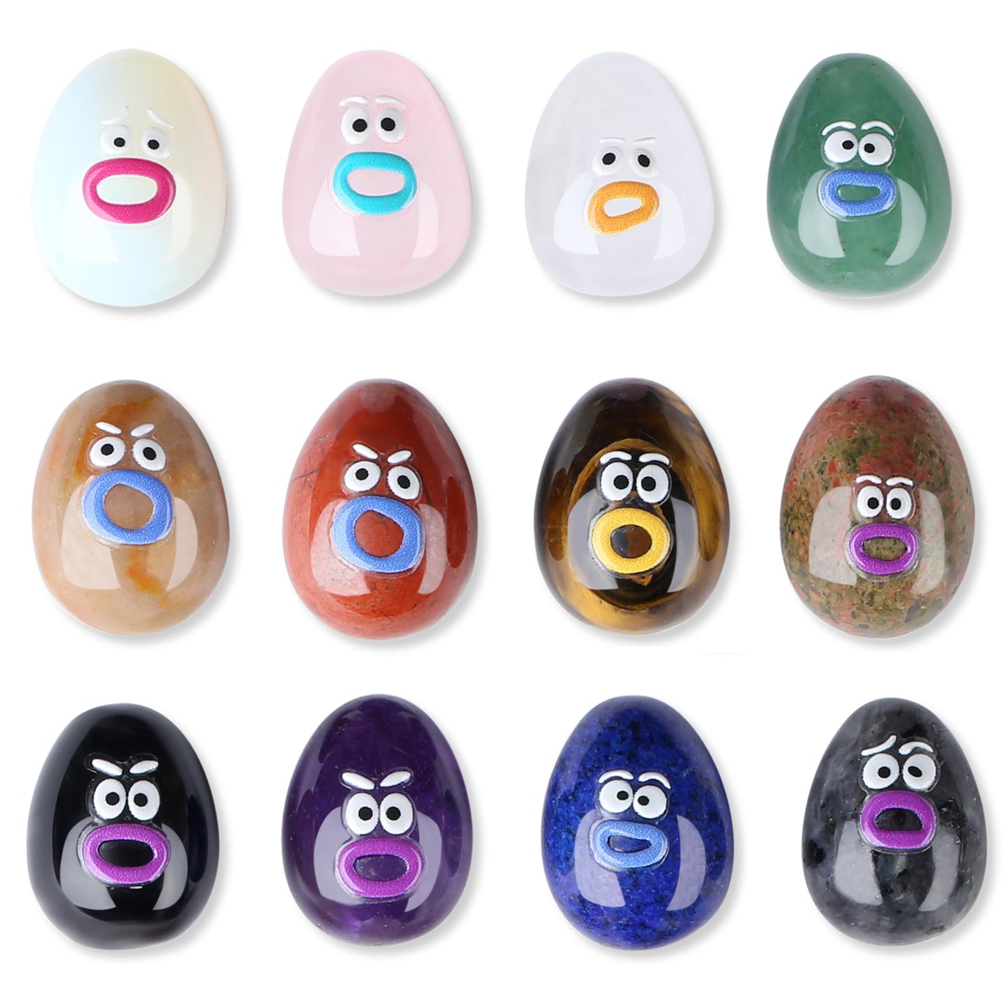 XIANNVXI Funny Emotion Polished Stone Gift 12pcs Cute Emoji Carving Egg Figurine Crystals Present Rock Natural Healing Crystals Stones Novel Mothers Day Graduation Birthday Gifts for Women Men