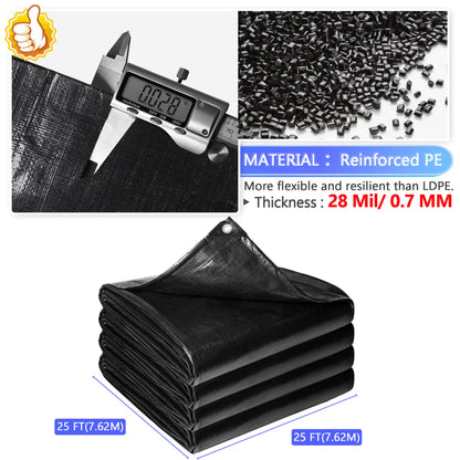 Reinforced PE Pond Liner 25 x 25 FT, 28 Mil Sun Resistant Preformed Pond Liner, Hemmed Edge with Buttonholes Liner for Outdoor Large Ponds, Fish/KOI/Duck Pond, Garden Waterfall, Waterscape, Black