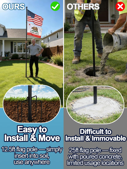 12.5ft In Ground Flag Pole for Outside House - Fit for 2 Flags Extra Thick Flag Pole Kit with 5 Prongs Base, Windproof Ground Flagpoles for Residential Small Medium Lawn Temporary Event