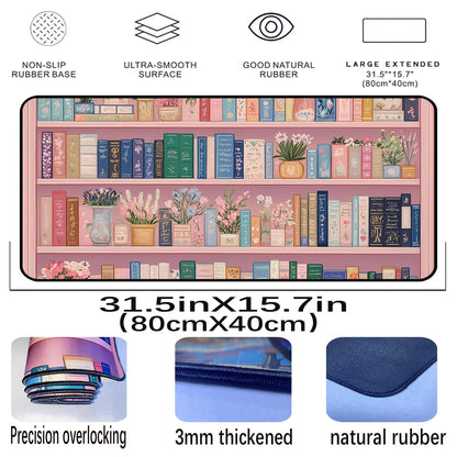 Cute Bookshelf Deskmat, Pink Desk Pad Mousepad XXL, Game Pad, Large Office Desk Keyboard Mat, Anti Slip Rubber Base and Sewn Edge Mouse Mat, Beautiful Reading Space Desktop Decor 31.5"X15.7"