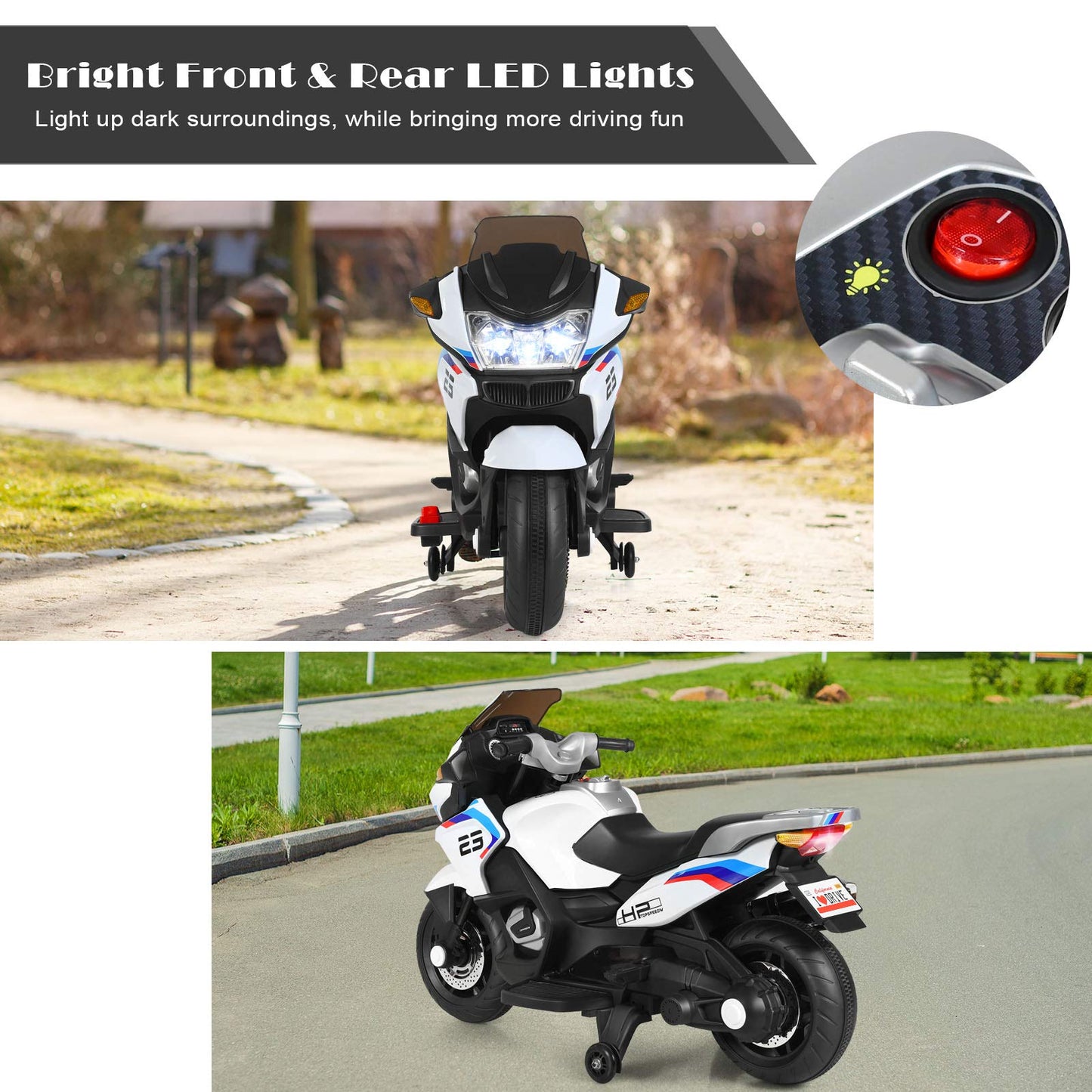 FUTADA Kids Ride on Motorcycle, 12V Kids Electric Motorcycle w/Training Wheels, Bright LED Light, Music, Foot Pedal, Battery Powered Tricycle Toy, Birthday Gift for Children, Girls Boys (White)