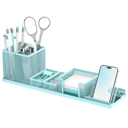 SUPEASY Pen Holder for Desk, 6 Piece Mesh Desk Organizer set for Office Organization with Mail Organizer, Letter Phone Holder, Sticky Notes Caddy Storage, Blue