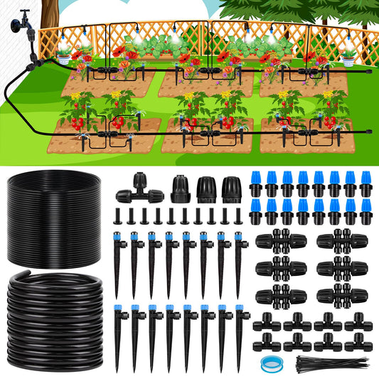 Kafuzi 230FT New Quick-Connect Drip Irrigation System Kit, Automatic Garden Watering Misting System for Greenhouse, Yard, Lawn, Plant with 1/2 inch Hose 1/4 inch Distribution Tubing and Accessories