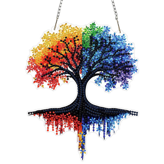 KEYIFA Tree of Life Diamond Art Hanging Kits with Chain, Special Shaped Drill Diamond Painting Pendant, Abstract Crystal Gem Art Pendant 5D Window Crafts for Wall Garden Door Decor, Width 7.9inch