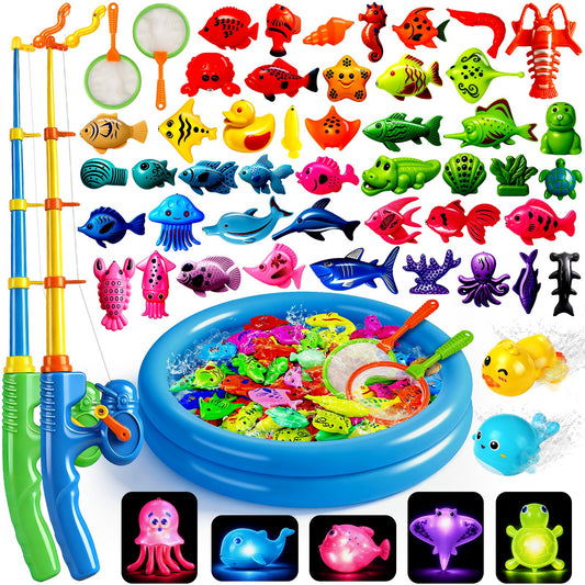 CozyBomB™ Magnetic Fishing Toys Game Set for Kids | Water Table Bathtub Kiddie Pool Party Pole Rod Net, Outdoor Plastic Floating Fish, Toddler Bath Color Ocean Sea Animals Birthday Gift Age 3-5 6 4-8