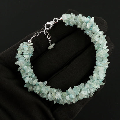 CRYSTALIS Natural Aquamarine Beads Braided Rope Bracelet, Chips Nuggets Beaded Gemstones, Chakra Healing Stones, Gift Giving Womens Jewelry, 925 Sterling Silver Bracelet 8 inch
