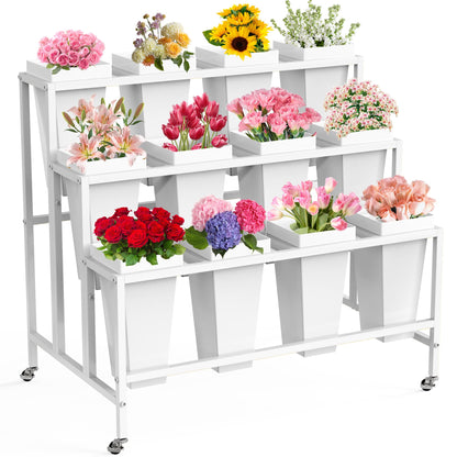VGMiu Flower Display Stand with 12 Buckets, Flower Cart 3 Layers White Metal Flower Bar Stand with Wheels, Moving Florist Bouquet Shelf for Weddings Florist Indoor Outdoor Patio Garden Living Room