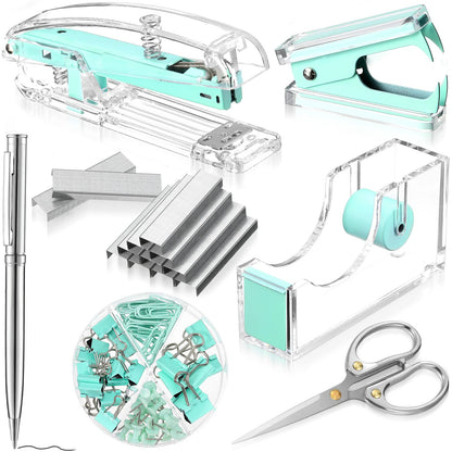 Office Supplies Set Desk Accessory Kit, Acrylic Stapler Set Staple Remover, Tape Dispenser, Binder Clips, Paper Clips, Ballpoint Pen and Scissor with 1000 Pieces 26/6 Staples (Green)