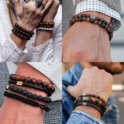 RANKEEF Mens Bracelets 8MM Natural Stone Beads Bracelet Set Stretch Adjustable Beaded Bracelets for Men