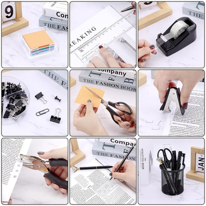 17 in 1 Black Desk Organizers and Accessories Set, 3 Office Desk Supplies Storage Organization, 4 Pens, Stapler, Staples & Remover, Tape & Dispenser, Scissors, Ruler, Clips, Hole Punch, Back to School
