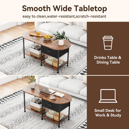 37" Oval Small Coffee Table with Storage,Modern Wood Living Room Center Table for Small Space,Apartment,Home Office,Drawer & Open Shelves,Easy Assembly,Rustic Brown