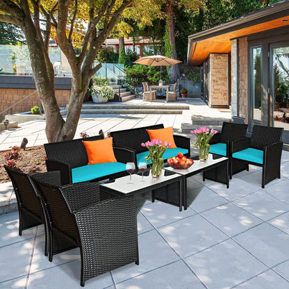 Tangkula 4 Pieces Patio Wicker Conversation Furniture Set, Patiojoy Sofa & Table Set w/4 Seats, Outdoor Rattan Sofa Set for Balcony Backyard, Wicker Chair Set with Tempered Glass Coffee Table