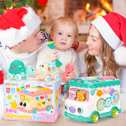 AmiDear Baby Gift for 1-2 Year Old Girl, 10-in-1 Montessori Toys Bus for Baby 6-12-18 Months+, First Christmas and Birthday Gifts, Blue Educational Musical Sensory Learning Toddler Toys Age 1-2