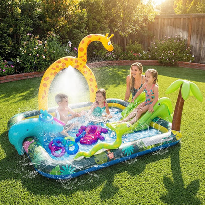 Inflatable Jungle Animal Play Center, Inflatable Water Park Kiddie Pool with Slide, Water Sprayer for Summer Outdoor Splash, Backyard and Garden 102.5" x75" x 54.5"