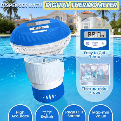 FineBud 2026 Upgraded Pool Chlorine Floater with Thermometer, Digital Screen Pool Chlorine Floater,Solar Pool Chlorine Floaters with Light, Button Control Floating Chlorine Dispenser for Pool (Blue)