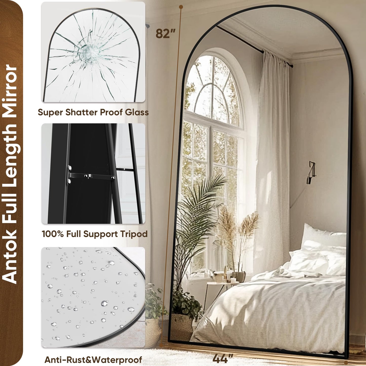 Antok Full Length Mirror, 44"x82" Oversized Floor Mirror with Stand for Bedroom, Living Room Cloakroom, Black, Arch Style