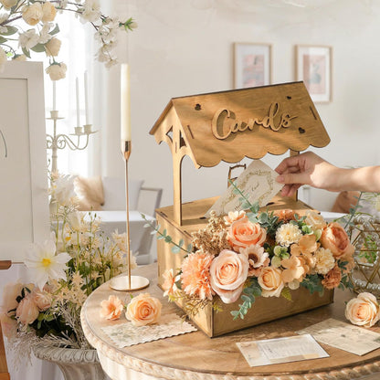 OurWarm Wooden Wishing Well Wedding Card Box with Lock & Flower Trough, Brown Wedding Card Boxes for Reception, Rustic Box for Cards at a Party for Birthday Graduation Baby Shower Reception Decor