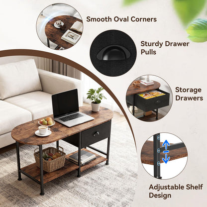 37" Oval Small Coffee Table with Storage,Modern Wood Living Room Center Table for Small Space,Apartment,Home Office,Drawer & Open Shelves,Easy Assembly,Rustic Brown