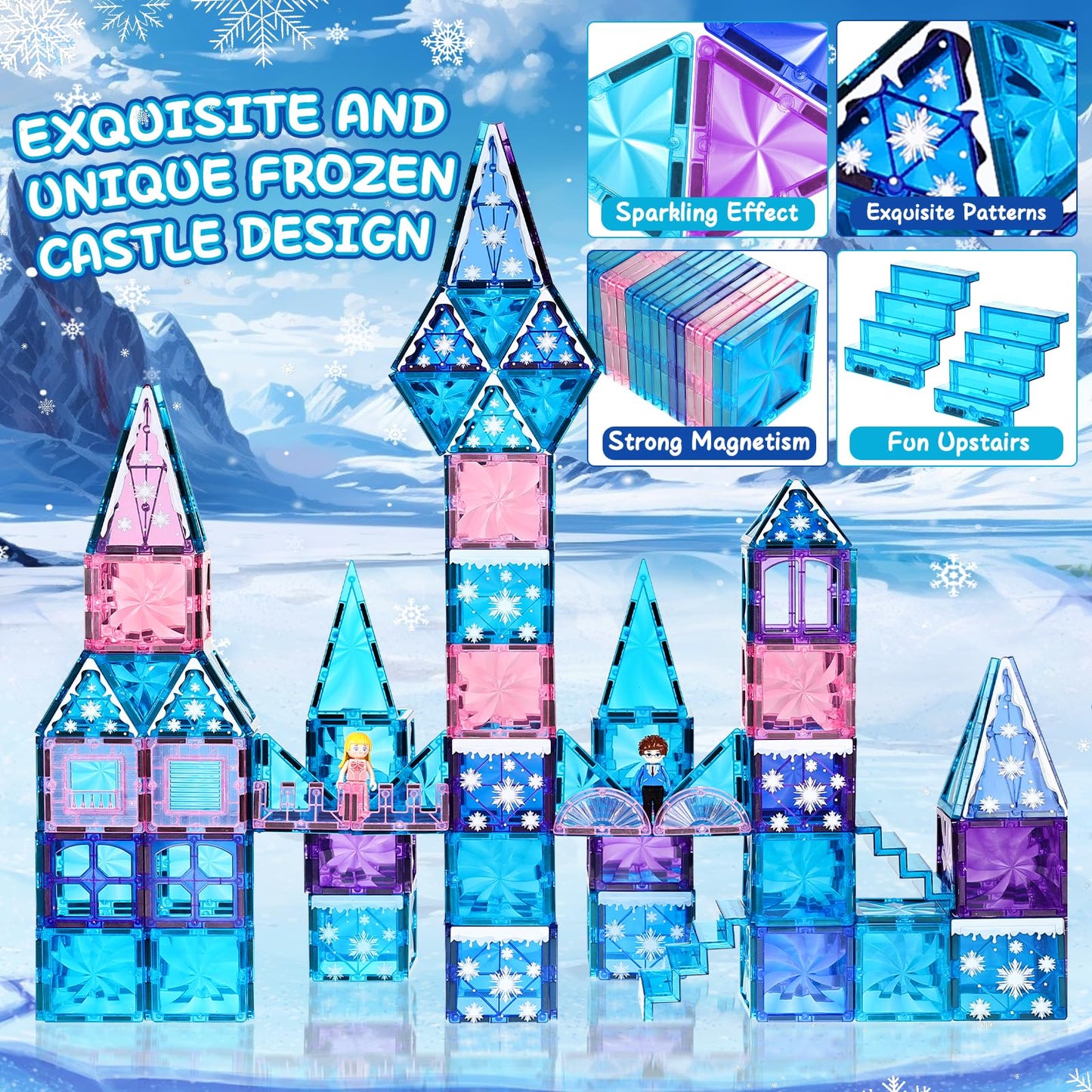 Diamond Magnetic Tiles Set 145PCS with Magnetic Doodle Kit, 3D Blocks Magnet Toys for Girls 3 4-7,8-12, Stem Toys Princess Castle Include 2 Stairs 2 Dolls Decals Stickers,3 4 5 6 7 8+ Girls Xmas Gift