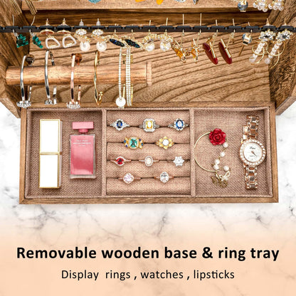 DGWJSU Jewelry Organizer Stand, 5 Layer Earring Holder Organizer with Necklace Holder, Rustic Wood Earring Organizer Display for Stud Earring Bracelet Necklace Ring, Watches