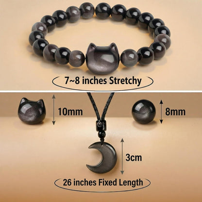 Black Obsidian Cat Bracelet and Moon Pendant Necklace Jewelry Set-Cat Lover Gifts,Wealth Attraction,Good Luck,Bead Bracelet,Mindfulness,Beaded Bracelets, Obsidian Pendant Necklace-Cute Gifts for Women