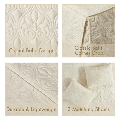 Madison Park Quebec Split Corner Quilted Bedspread Classic Traditional Design All Season, Lightweight, Bedding Set, Matching Shams, Queen, Damask Quilted Cream 3 Piece