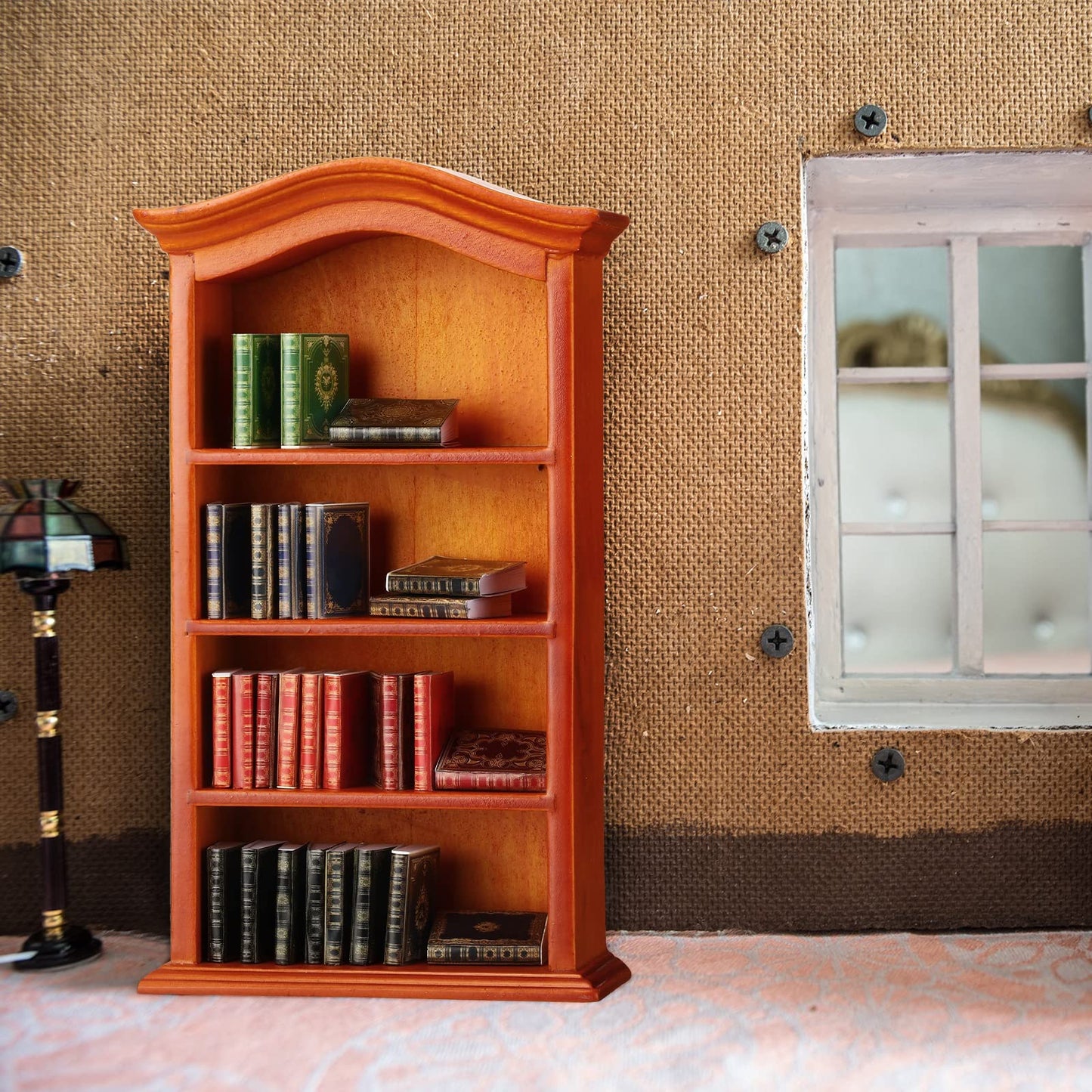 Miniatures Book and Bookshelf Set Includes 27 Pcs 1:12 Scale Miniatures Dollhouse Books 1 Pcs Wooden Bookcase 4 Floors Furniture Display Bookshelf Cabinet Dollhouse Decoration for Mini House Library