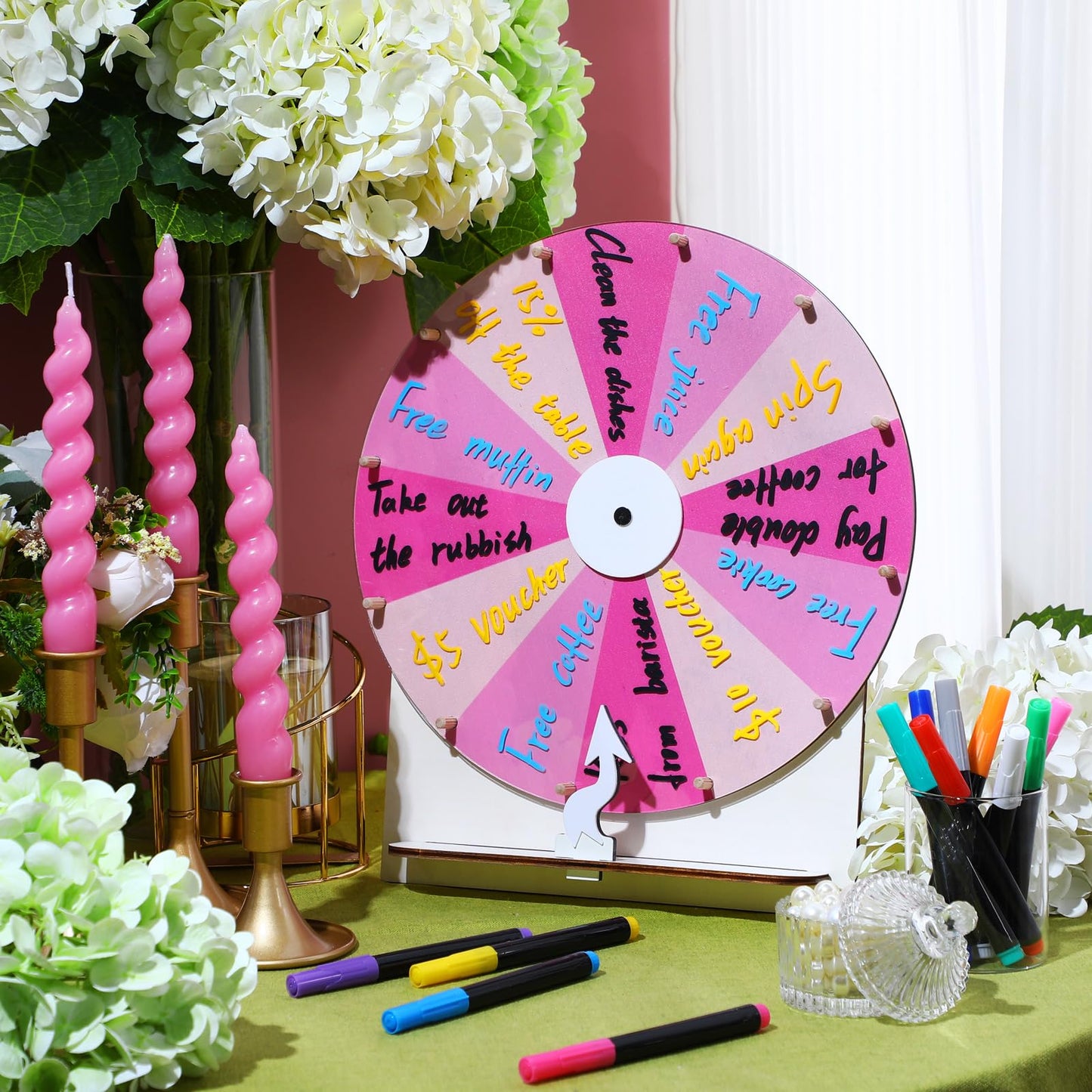 Memorywuu 11.4 Inch Spinning Wheel Erasable Raffle Spin the Wheel Game with Stand and Arrow Wooden Prize Tabletop Spinner Raffle Roulette for Wedding Family Bridal Party Baby Shower Games(Pink)