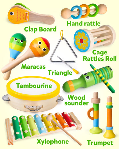 Coogam Wooden Musical Instruments for Toddlers, Tambourine Xylophone Castanet Flute Maracas Playset, Wood Percussion Rhythm Music Toy, Montessori Educational Learning Gift