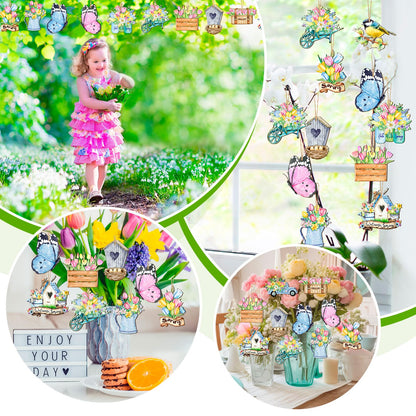 Anglechic 36 Pcs Spring Tree Ornaments Hawaiian Wood Hanging Decoration Butterfly Bird Truck Patterns Ornaments for Tree Luau Hawaiian Party Supplies