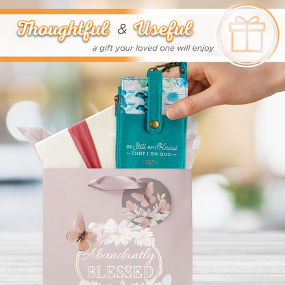Christian Art Gifts Women's Slim Zipper ID Badge Card Holder: Be Still & Know - Psalm 46:10 Inspirational Bible Verse w/Detachable Neck Strap Lanyard, Coin Purse Pocket, Vegan Leather, Floral Teal