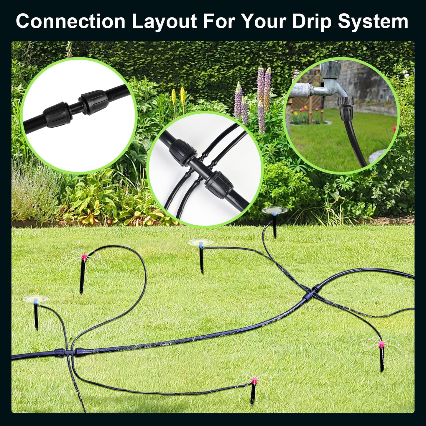 letesult 50FT 1/2 Inch Drip Irrigation Tubing Main Line Hose Tube, Drip Line Irrigation System Includes 2pcs 6-Way Connector & 1/2" Straight Connector & 3/4" to 1/2" Faucet Adapter for Garden Watering