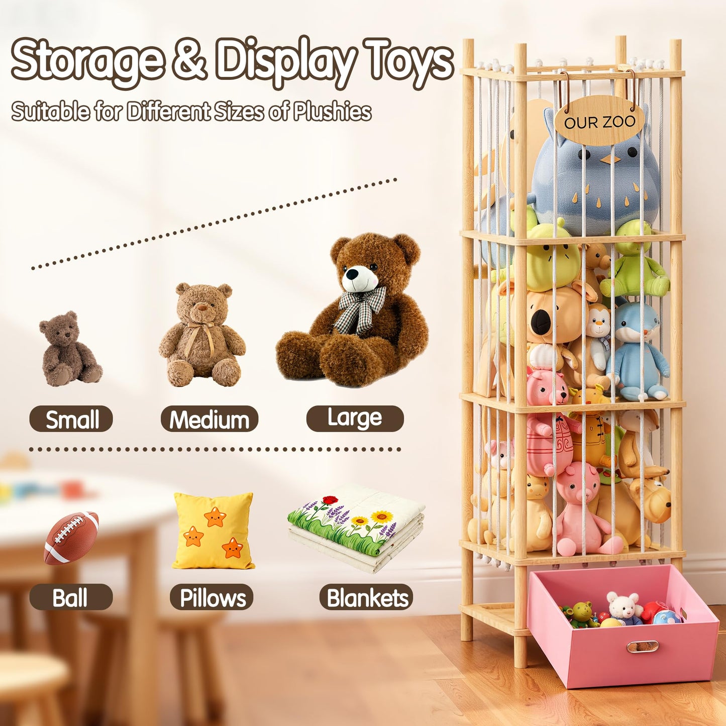 Brelley Stuffed Animal Storage Zoo Wood Toy Storage Organizer with Drawer, Large Toy Chest Stuffed animal holder for Kids Nursery Playroom Bedroom