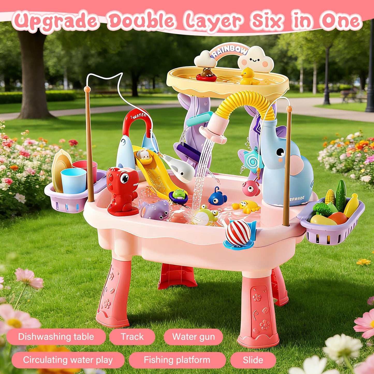 TUVBPK 2027 Upgraded Toddler Sand Water Table Toy with Electric Water Pump, Kids Sand Water with Faucet/Play Food Accessories/Fishing Toy, Kitchen Play Sink Toys for Girl Boy Age 3+ (Pink)