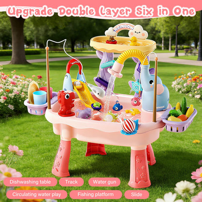 TUVBPK 2027 Upgraded Toddler Sand Water Table Toy with Electric Water Pump, Kids Sand Water with Faucet/Play Food Accessories/Fishing Toy, Kitchen Play Sink Toys for Girl Boy Age 3+ (Pink)
