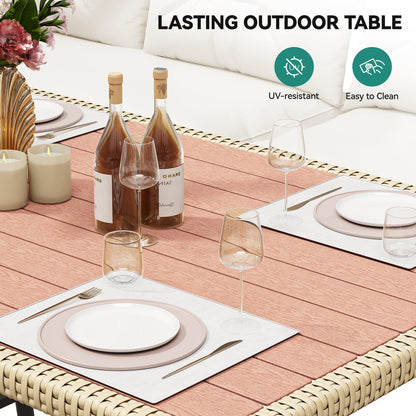 YITAHOME Patio Wicker L-Shaped Furniture Set, All-Weather Rattan Outdoor Conversation Sofa Set for Backyard Deck with Soft Cushions,Ottomans and Plastic Wood Dining Table (Light Brown+Beige)
