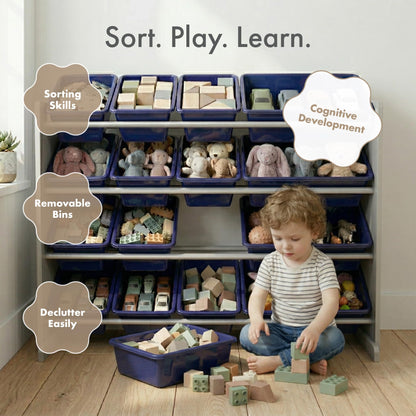 Humble Crew Toy Storage Organizer with 16 Removable Storage Bins for Kids Playroom, 4-Tier Toddler Toy Organization, Grey/Navy