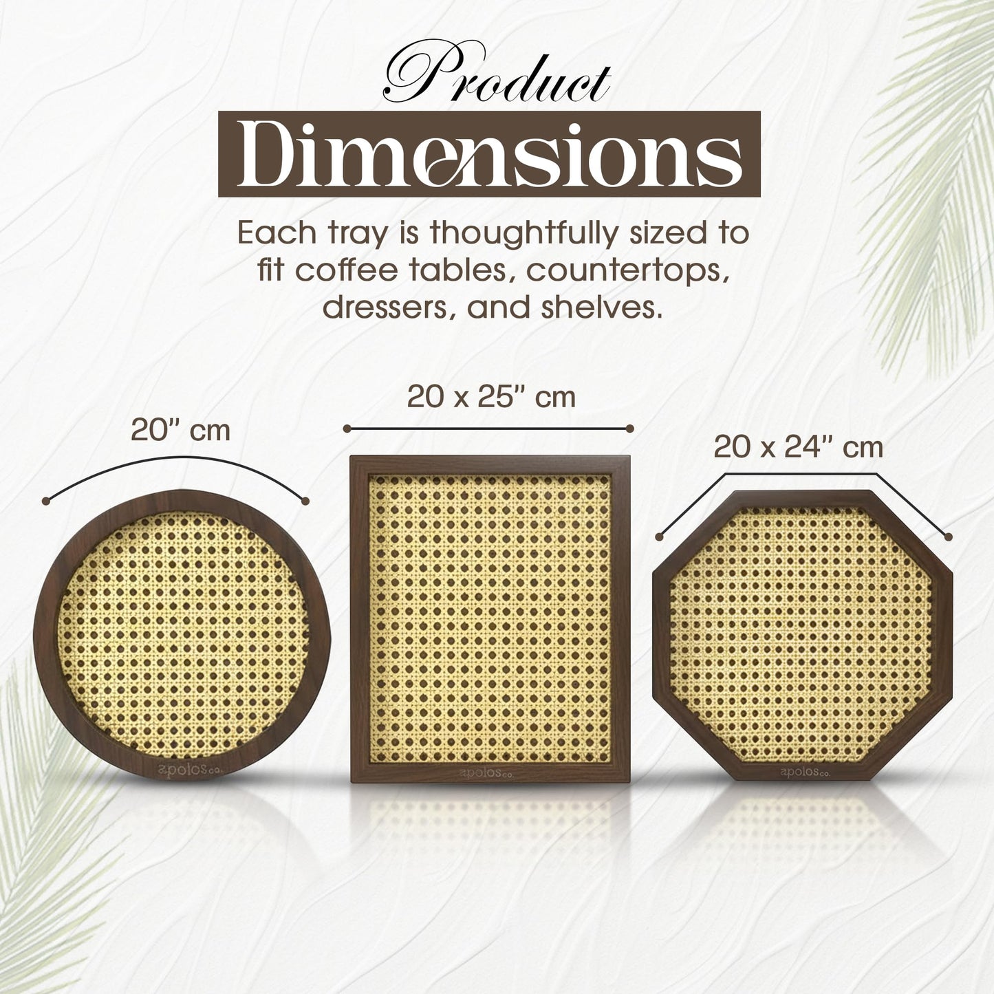 Apolos Co Decorative Tray Set of 3 - Handwoven Rattan Coffee Table Trays with Dark Wood Frame - Modern Boho Design Wicker Tray for Living Room, Centerpiece Décor - Round, Rectangular, Geometric Shapes